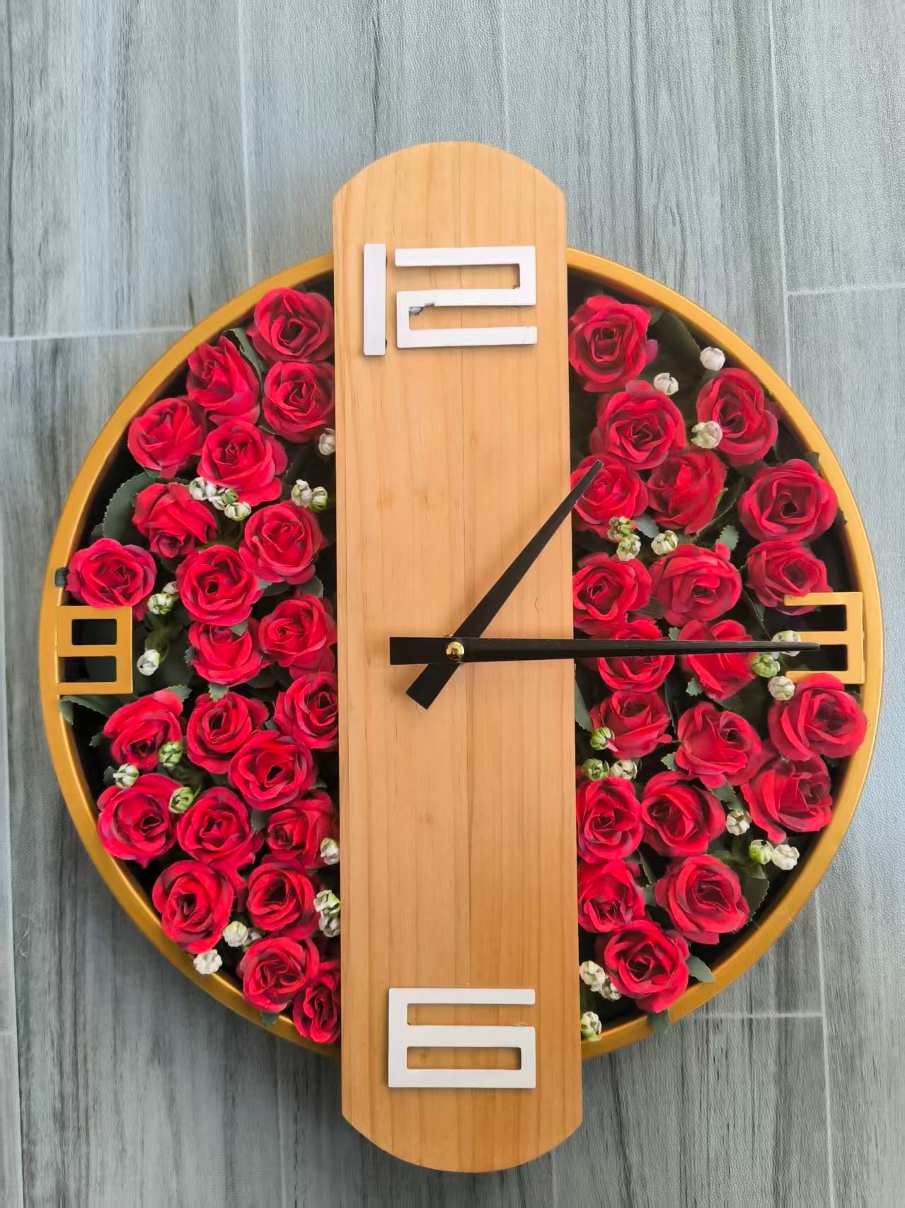 Luxury Floral Wall Clock – Handmade Wooden Clock with Red Roses